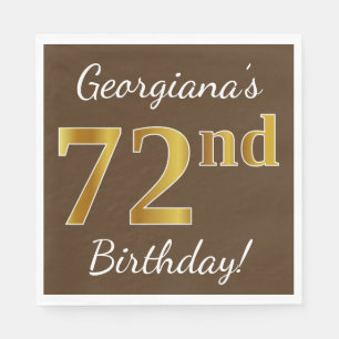 Brown, Faux Gold 72nd Birthday + Custom Name Napkin
