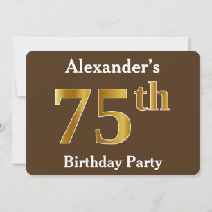 Brown, Faux Gold 75th Birthday Party; Custom Name Invitation