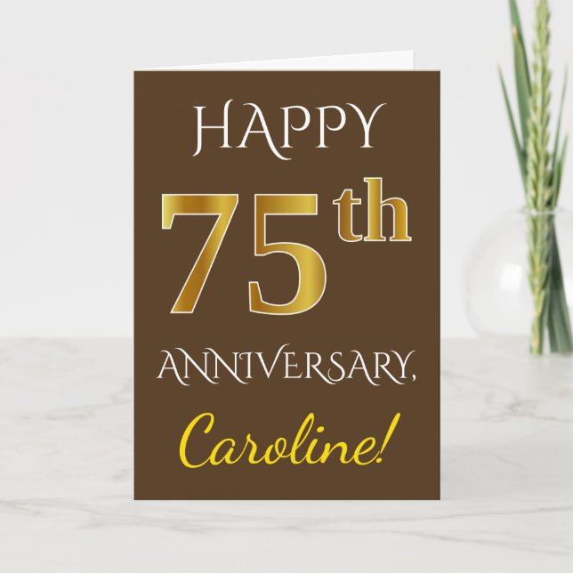 Brown, Faux Gold 75th Wedding Anniversary + Name Card (Front)