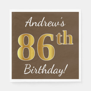 Brown, Faux Gold 86th Birthday + Custom Name Napkin