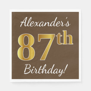 Brown, Faux Gold 87th Birthday + Custom Name Napkin