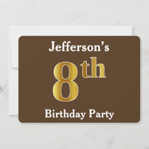 Brown, Faux Gold 8th Birthday Party; Custom Name Invitation