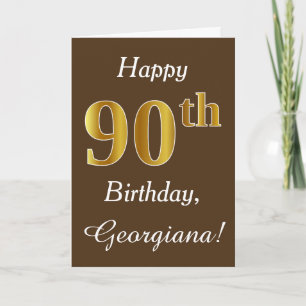 Brown, Faux Gold 90th Birthday + Custom Name Card
