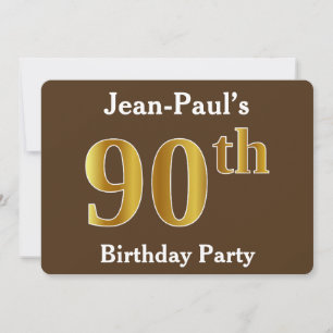 Brown, Faux Gold 90th Birthday Party; Custom Name Invitation