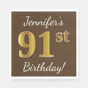 Brown, Faux Gold 91st Birthday + Custom Name Napkin