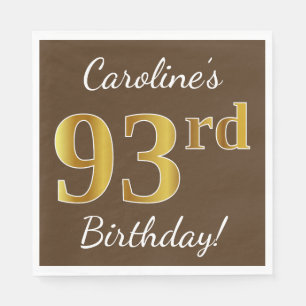 Brown, Faux Gold 93rd Birthday + Custom Name Napkin