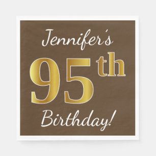 Brown, Faux Gold 95th Birthday + Custom Name Napkin