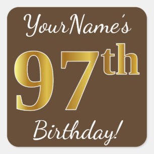 Brown, Faux Gold 97th Birthday + Custom Name Square Sticker