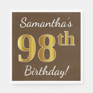 Brown, Faux Gold 98th Birthday + Custom Name Napkin