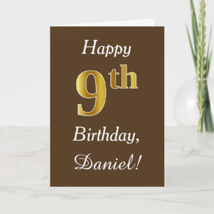 Brown, Faux Gold 9th Birthday + Custom Name Card
