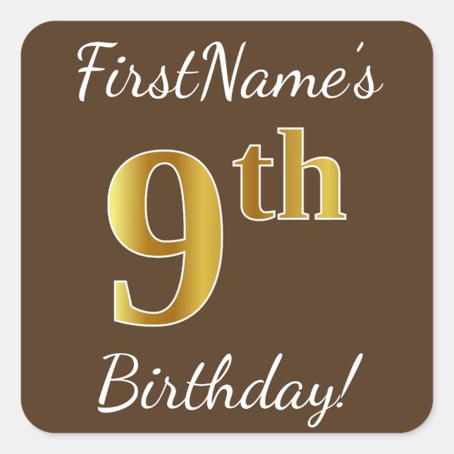 Brown, Faux Gold 9th Birthday + Custom Name Square Sticker (Front)