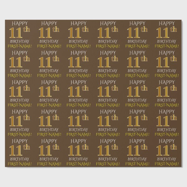 Brown, Faux Gold "HAPPY 11th BIRTHDAY" Wrapping Paper (Flat)