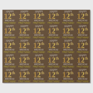 Brown, Faux Gold "HAPPY 12th BIRTHDAY" Wrapping Paper