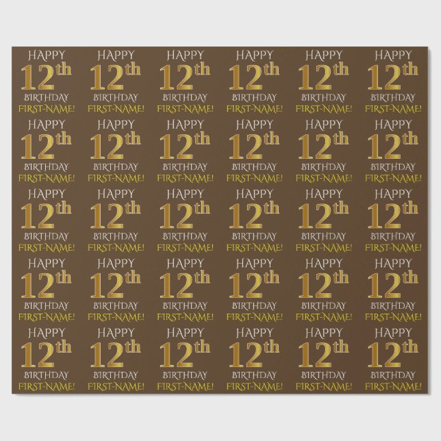 Brown, Faux Gold "HAPPY 12th BIRTHDAY" Wrapping Paper (Flat)