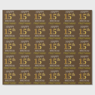 Brown, Faux Gold "HAPPY 15th BIRTHDAY" Wrapping Paper