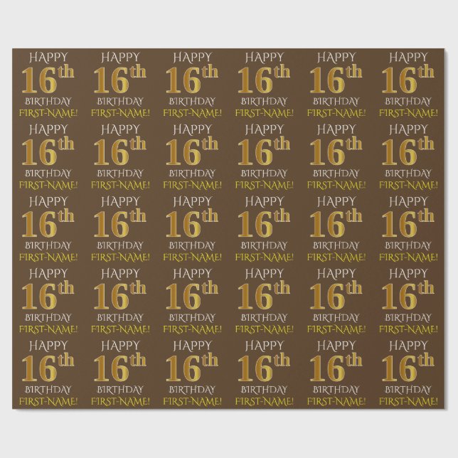 Brown, Faux Gold "HAPPY 16th BIRTHDAY" Wrapping Paper (Flat)