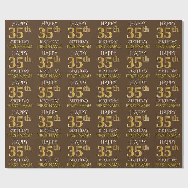 Brown, Faux Gold "HAPPY 35th BIRTHDAY" Wrapping Paper (Flat)