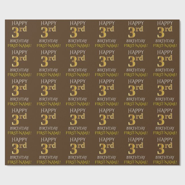 Brown, Faux Gold "HAPPY 3rd BIRTHDAY" Wrapping Paper (Flat)