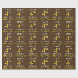 Brown, Faux Gold "HAPPY 4th BIRTHDAY" Wrapping Paper