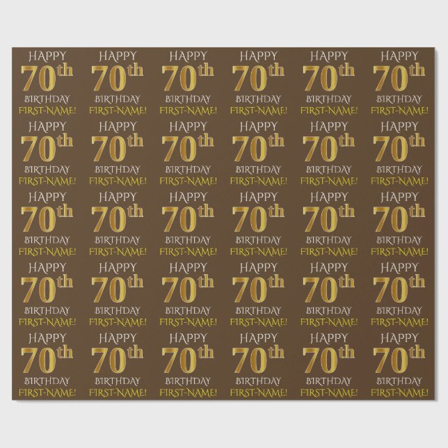 Brown, Faux Gold "HAPPY 70th BIRTHDAY" Wrapping Paper (Flat)