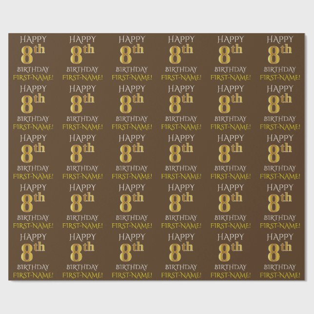 Brown, Faux Gold "HAPPY 8th BIRTHDAY" Wrapping Paper (Flat)