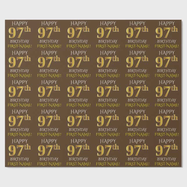Brown, Faux Gold "HAPPY 97th BIRTHDAY" Wrapping Paper (Flat)