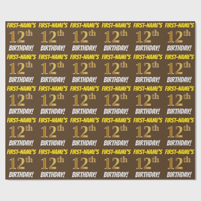 Brown, Faux/Imitation Gold, "12th BIRTHDAY" Wrapping Paper (Flat)