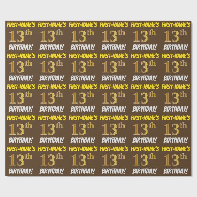 Brown, Faux/Imitation Gold, "13th BIRTHDAY" Wrapping Paper (Flat)