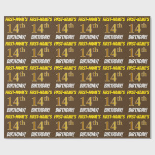 Brown, Faux/Imitation Gold, "14th BIRTHDAY" Wrapping Paper