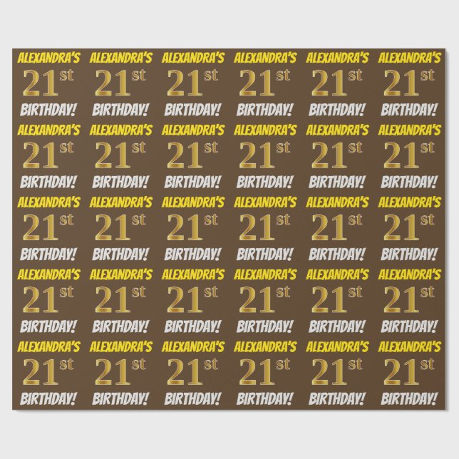 Brown, Faux/Imitation Gold, "21st BIRTHDAY" Wrapping Paper (Flat)