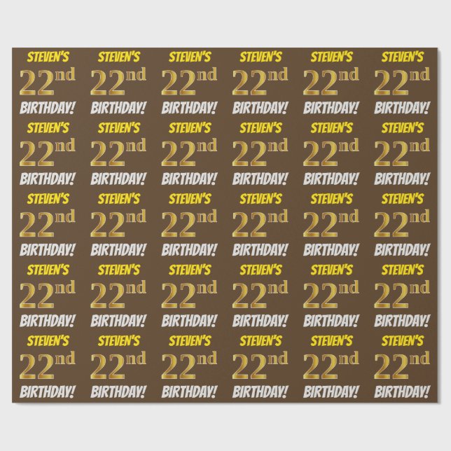 Brown, Faux/Imitation Gold, "22nd BIRTHDAY" Wrapping Paper (Flat)