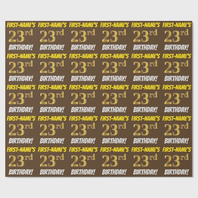 Brown, Faux/Imitation Gold, "23rd BIRTHDAY" Wrapping Paper (Flat)