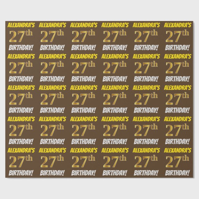 Brown, Faux/Imitation Gold, "27th BIRTHDAY" Wrapping Paper (Flat)
