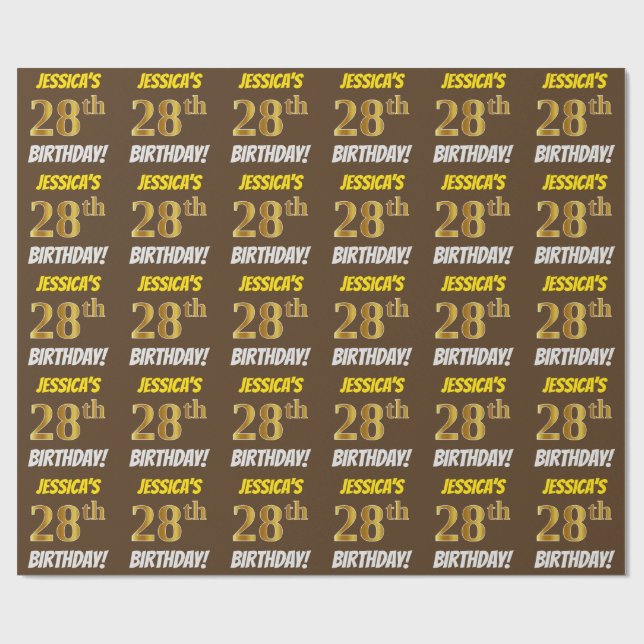 Brown, Faux/Imitation Gold, "28th BIRTHDAY" Wrapping Paper (Flat)