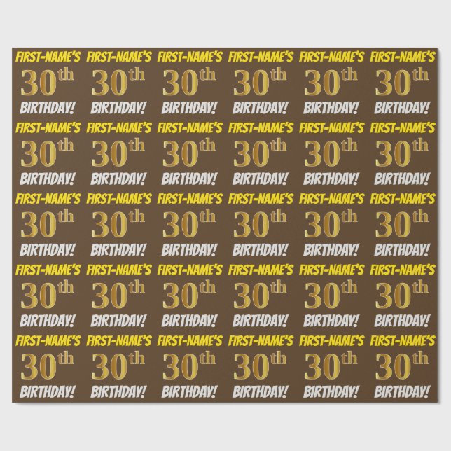 Brown, Faux/Imitation Gold, "30th BIRTHDAY" Wrapping Paper (Flat)