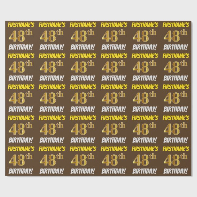 Brown, Faux/Imitation Gold, "48th BIRTHDAY" Wrapping Paper (Flat)