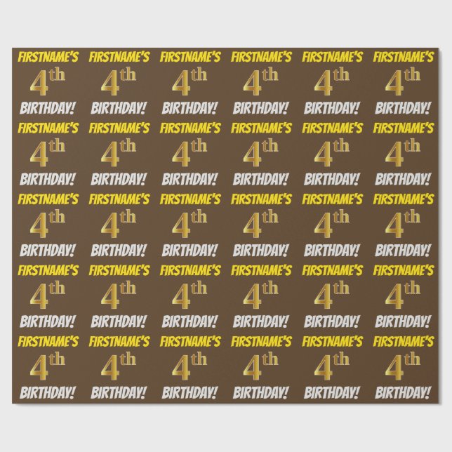 Brown, Faux/Imitation Gold, "4th BIRTHDAY" Wrapping Paper (Flat)