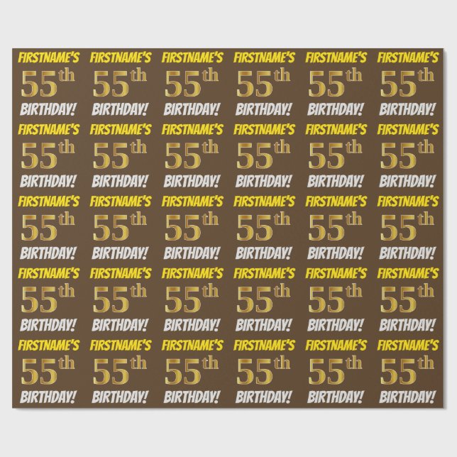 Brown, Faux/Imitation Gold, "55th BIRTHDAY" Wrapping Paper (Flat)