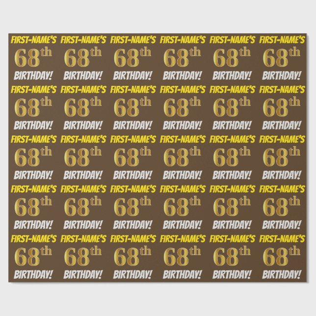 Brown, Faux/Imitation Gold, "68th BIRTHDAY" Wrapping Paper (Flat)