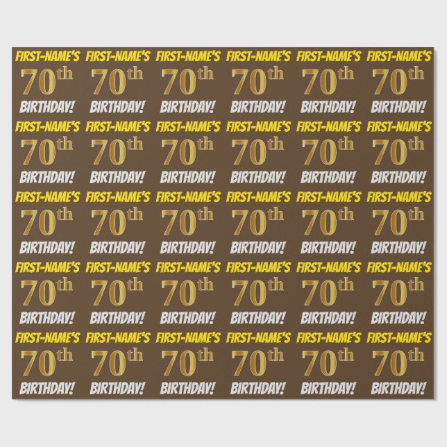 Brown, Faux/Imitation Gold, "70th BIRTHDAY" Wrapping Paper (Flat)