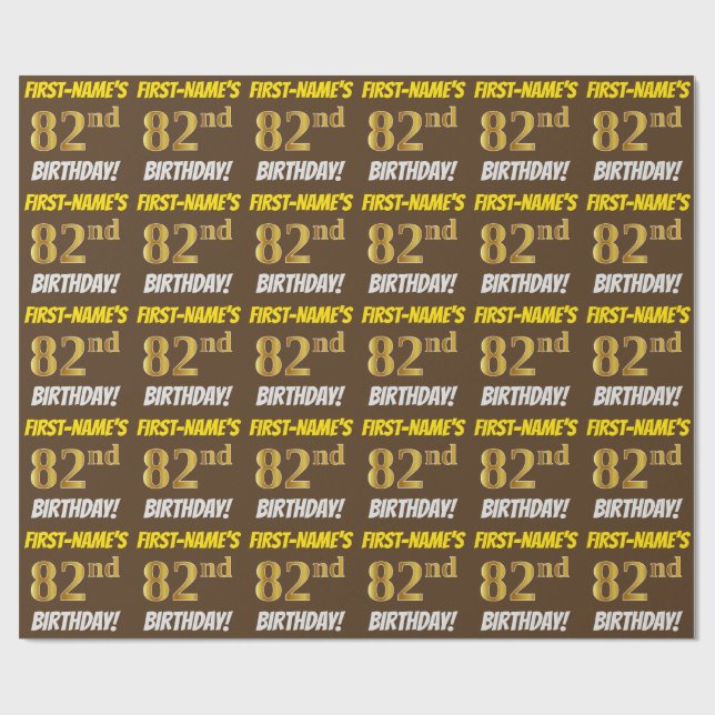 Brown, Faux/Imitation Gold, "82nd BIRTHDAY" Wrapping Paper (Flat)
