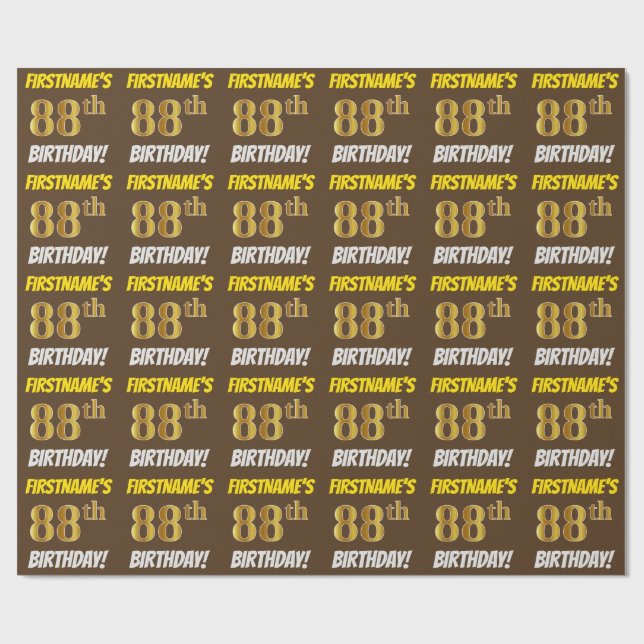 Brown, Faux/Imitation Gold, "88th BIRTHDAY" Wrapping Paper (Flat)