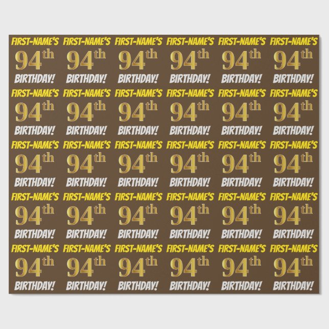 Brown, Faux/Imitation Gold, "94th BIRTHDAY" Wrapping Paper (Flat)