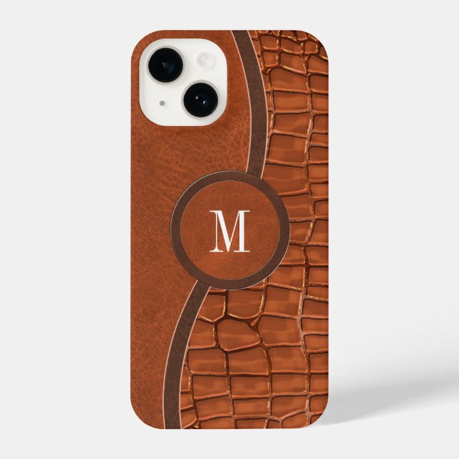 Brown Faux Leather Alligator Skin Luxury Monogram iPhone Case (Back)