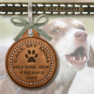 Brown Faux Leather Call My Mum Pawprint Dog Cat Pet Tag