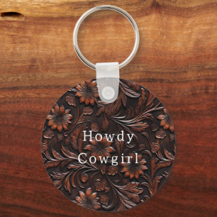 Brown Faux Leather Cowgirl Floral Key Ring