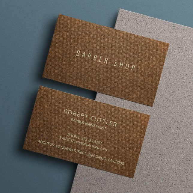 Brown faux leather exclusive barber hairstylist business card (Creator Uploaded)