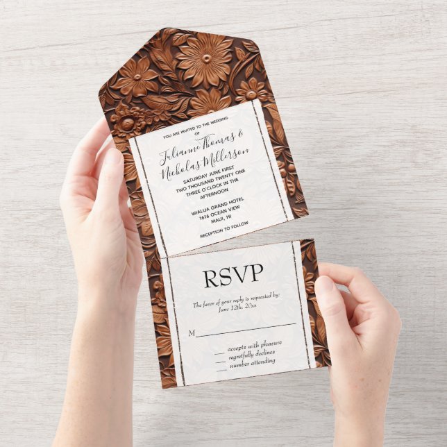 Brown Faux Leather Floral All In One Invitation (Tearaway)