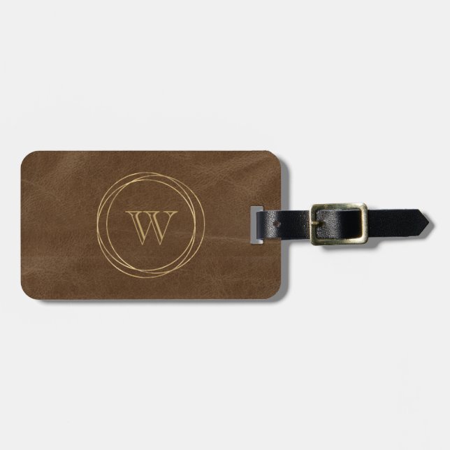 Brown Faux Leather Gold Circles Monogram Luggage Tag (Front Horizontal)