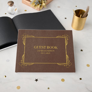 Brown Faux Leather Gold Frame Guest Book